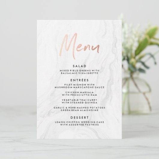 Modern Wit Marmer Roos Goud Script Bruiloft Menu (Staand voorkant)