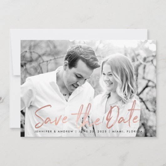 Modern Wit Marmer Roos Goud Script Foto Save The Date (Voorkant)