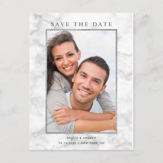 Modern Wit Marmer Save the Date Foto Aankondigingskaart (Voorkant)