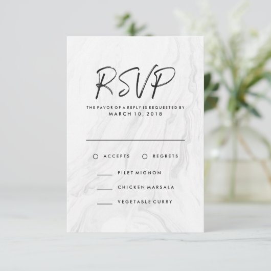 Modern wit marmer script | Bruiloft RSVP Menu (Staand voorkant)