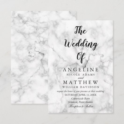 Modern wit marmer script | Uitnodiging tot weddens (Voorkant / Achterkant)