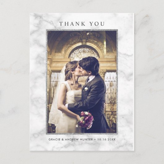 Modern wit marmer zilveren glitter dank u briefkaart (Voorkant)