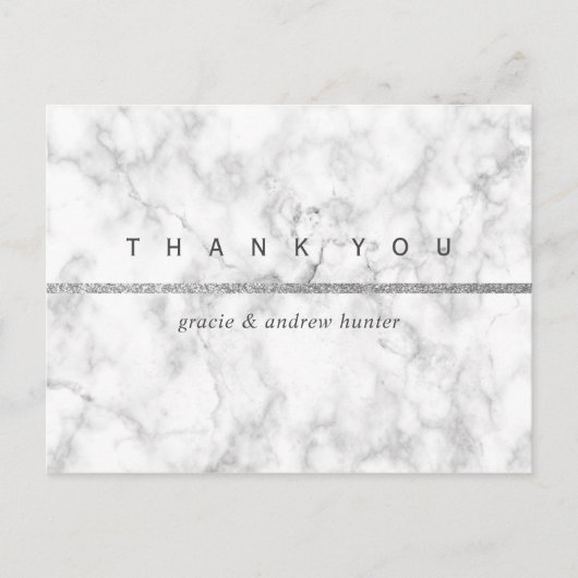 Modern wit marmer zilveren glitter dank u briefkaart (Voorkant)