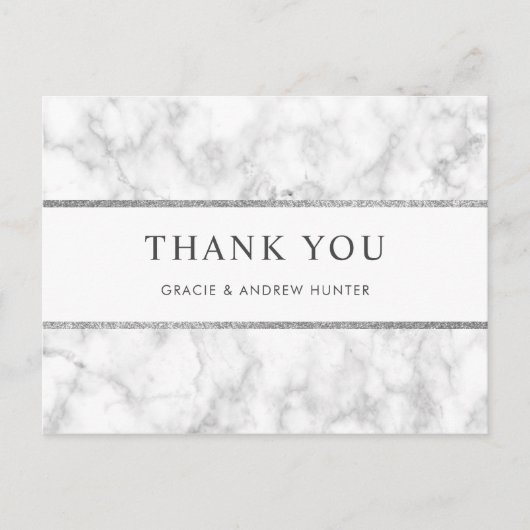 Modern wit marmer zilveren glitter dank u briefkaart (Voorkant)