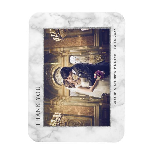 Modern wit marmer zilveren glitter dank u foto magneet (Verticaal)