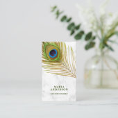 Modern wit marmeren groene Indische pauw veer Visitekaartje (Staand voorkant)