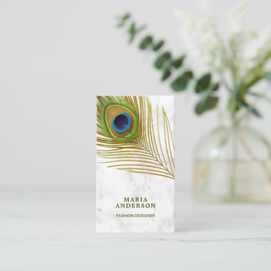 Modern wit marmeren groene Indische pauw veer Visitekaartje (Staand voorkant)