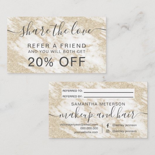 Modern wit marmeren haar make-up goud glitter aanbevelingskaartje (Voorkant / Achterkant)