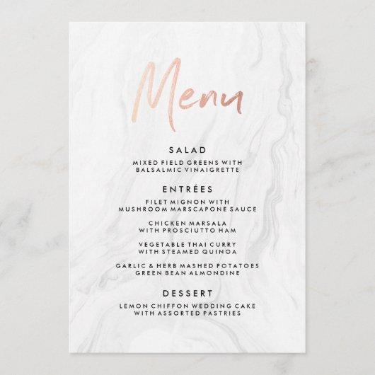 Modern Wit Marmeren Roze Gouden Script Bruiloftsme Menu (Voorkant)