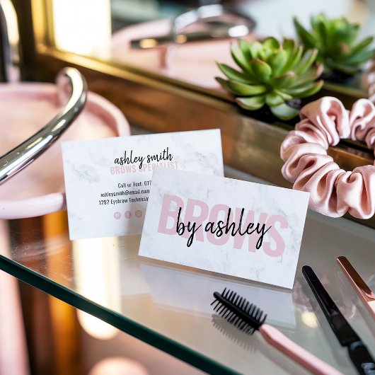 Modern wit marmeren script blush roze wenkbrauwen visitekaartje