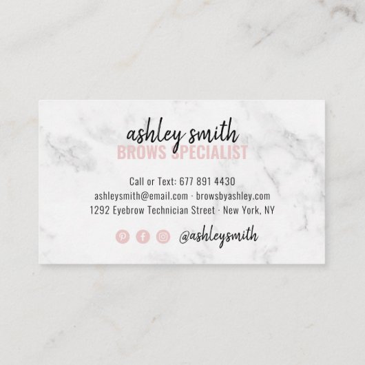 Modern wit marmeren script blush roze wenkbrauwen visitekaartje (Achterkant)