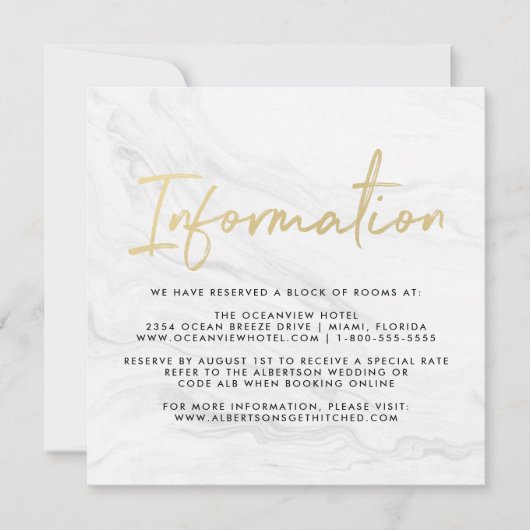 Modern wit marmeren script | Trouwinformatie Kaart (Voorkant)