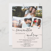 Modern wit, minimalistisch script 4 foto's bruilof kaart (Voorkant)