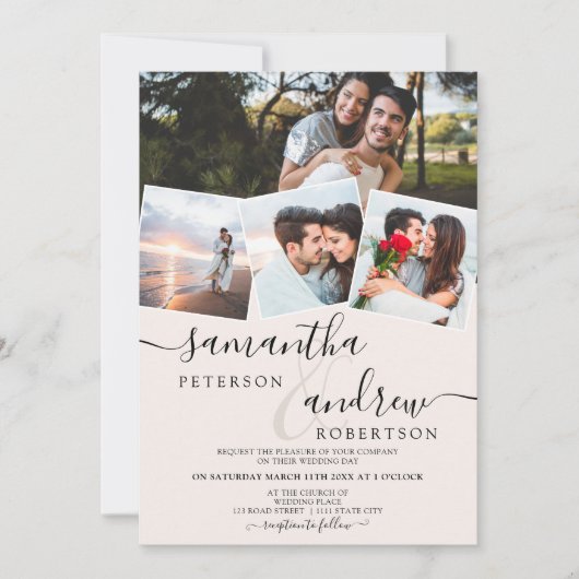 Modern wit, minimalistisch script 4 foto's bruilof kaart (Voorkant)