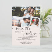 Modern wit, minimalistisch script 4 foto's bruilof kaart (Staand voorkant)