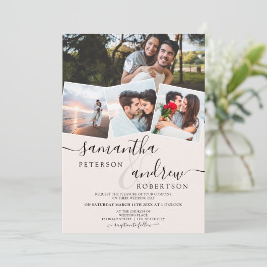 Modern wit, minimalistisch script 4 foto's bruilof kaart (Staand voorkant)