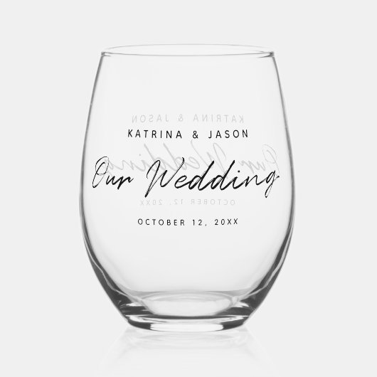 Modern wit minimalistisch script bruiloft gunst wijnglas zonder voet (Voorkant)