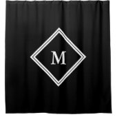 Modern wit monogram met diamantrand op zwart douchegordijn (Voorkant)