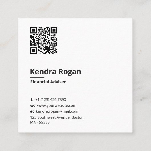 Modern Wit Monogram QR-code minimaal Vierkante Visitekaartje (Achterkant)