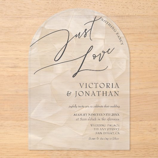 Modern Wit Niets Fancy Alleen Liefde Trouwen Acryl Uitnodigingen (Voorkant)