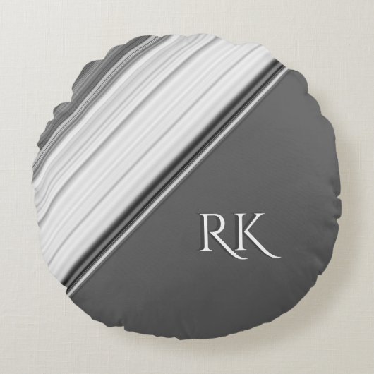 Modern wit op grijze monogram rond kussen (Voorkant)