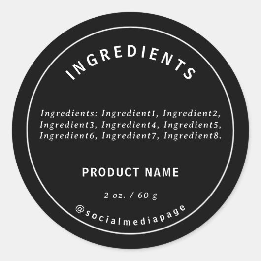 Modern wit op zwart Ingrediënten Productlabel Ronde Sticker (Voorkant)