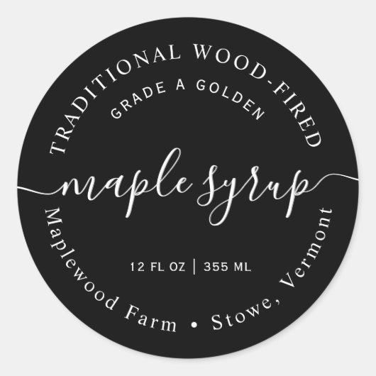 Modern wit op zwart Maple Syrup Label (Voorkant)