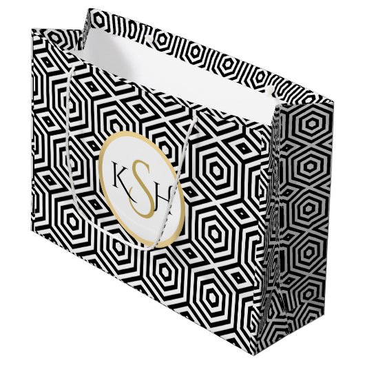 Modern wit op zwart veelhoekpatroon groot cadeauzakje (Voorkant Gekanteld)