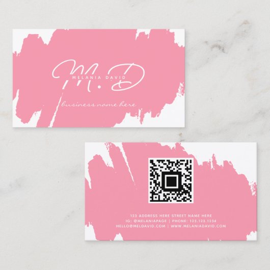 Modern Wit Roze Aangepast Monogram QR Code Minimaa Contactkaartje (Voorkant / Achterkant)