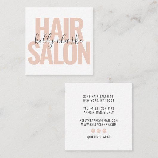 Modern wit roze haar salon script handtekening naa vierkante visitekaartje (Voorkant / Achterkant)