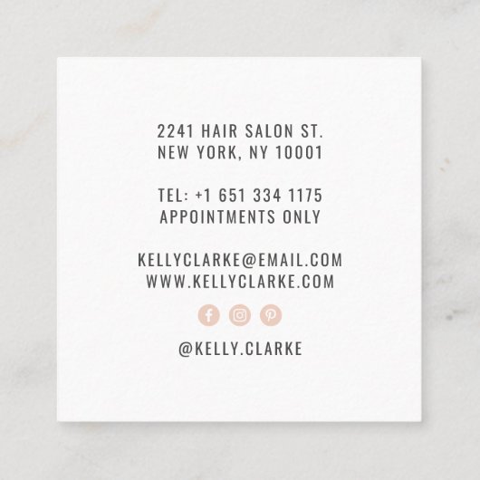 Modern wit roze haar salon script handtekening naa vierkante visitekaartje (Achterkant)