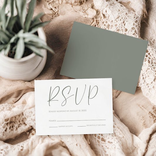 Modern wit & salie groen bruiloft RSVP Kaartje