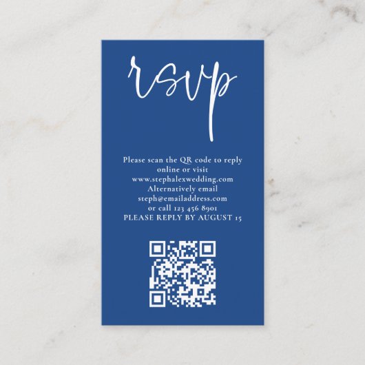Modern Wit Script Blauw QR Code Bruiloft RSVP Informatiekaartje (Voorkant)