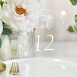Modern wit script bruiloft acryl tafel nummer acryl uitnodigingen<br><div class="desc">Eenvoudige, elegante, minimalistische handgeschreven witte kalligrafie script huwelijksreceptie gepersonaliseerde transparante (of ondoorzichtige matte) tafelkaart. De kleuren van de tekst en de achtergrond zijn volledig bewerkbaar. LET OP: om verschillende nummers te bestellen, moet je ze aanpassen en ze één voor één in het winkelwagentje plaatsen (een kaart met nr. 1, een...</div>
