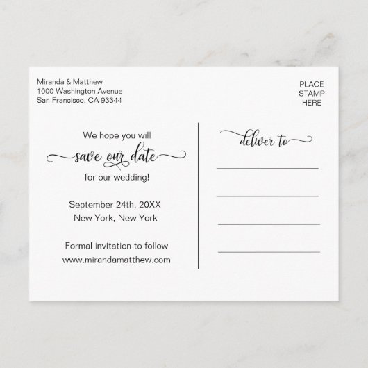 Modern Wit Script Bruiloft SAVE ONZE DATUM w / FOT Aankondigingskaart (Achterkant)