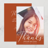 Modern wit script foto verbrand Oranje Afstuderen Bedankkaart (Voorkant / Achterkant)