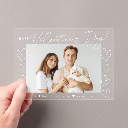 Modern wit script Happy Valentine's Day Foto Acryl Uitnodigingen (Insitu (Draagbaar))
