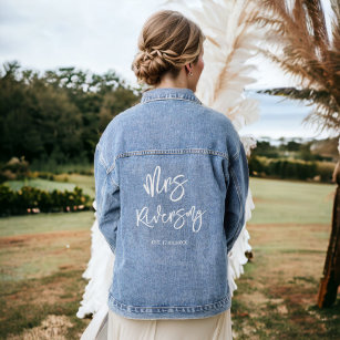 Modern wit script kalligrafie bruiloften bruid denim jacket