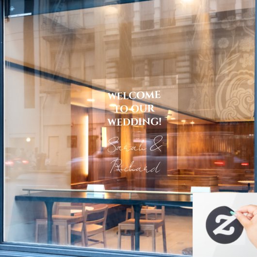 Modern wit script Koppels Namen Bruiloft Welkom Raamsticker (Cafe Raam)