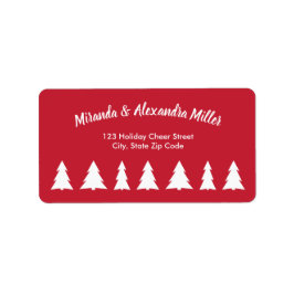 Modern wit script met kerstbomen op rood etiket