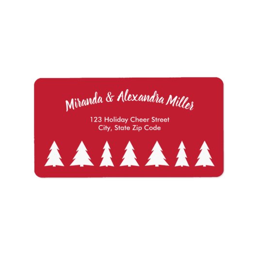 Modern wit script met kerstbomen op rood etiket (Voorkant)