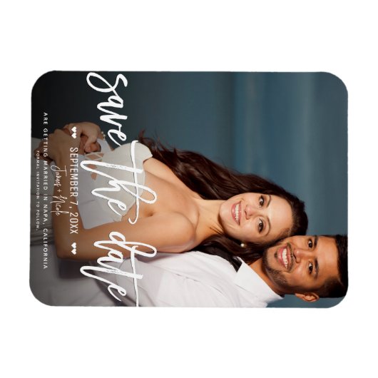 Modern Wit Script Sla de datum bruiloft foto Magneet (Horizontaal)