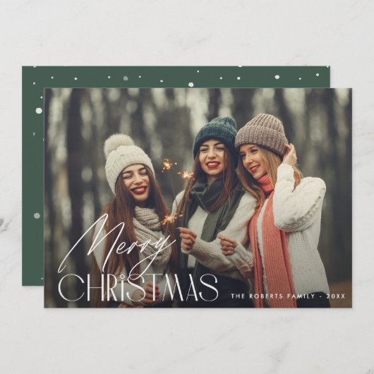 Modern wit script Vrolijk kerstfotokaart Feestdagenkaart (Voorkant / Achterkant)