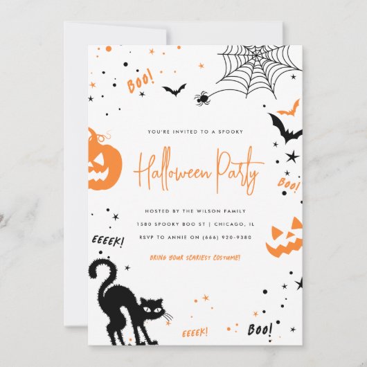 Modern Wit Sinaasappel Spooky Halloween Party Kaart (Voorkant)