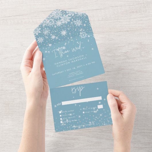 Modern Wit Sparkle Sneeuwvlokken Blauw Diner All In One Uitnodiging (Afscheurbaar)