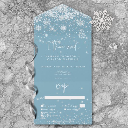 Modern Wit Sparkle Sneeuwvlokken Blauw Diner All In One Uitnodiging