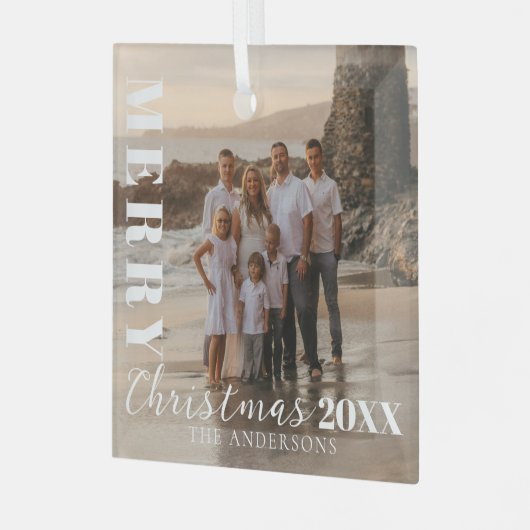 Modern wit vrolijk kerstscript foto glas ornament (Voorkant links)