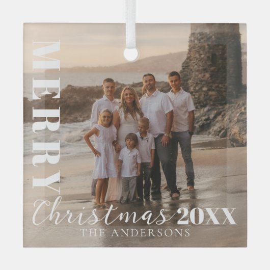 Modern wit vrolijk kerstscript foto glas ornament (Voorkant)