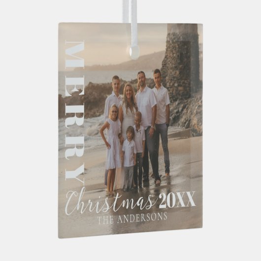 Modern wit vrolijk kerstscript foto glas ornament (Voorkant Rechts)