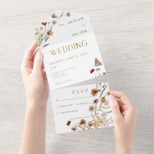 Modern wit Wildflower boeket Geen diner All In One Uitnodiging (Afscheurbaar)